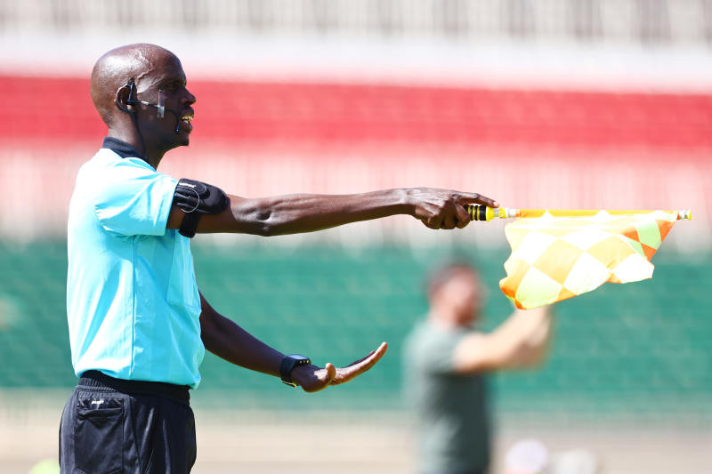 Three Kenyan referees to officiate at AFCON 2023 - Referee Gilbert Cheruiyot indicates an offside during their FKF Premier League match on February 18, 2023 at the Nyayo National Stadium. [Photo: The Standard/Courtesy]