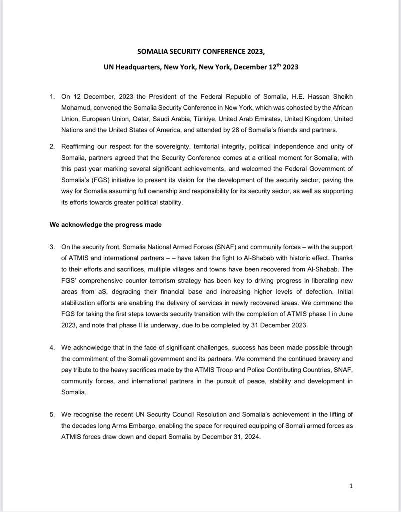 The resolutions agreed on during the 2023 Somalia Security Conference