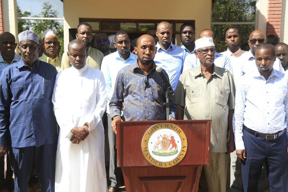 Mandera County government heeds call, revises bursary scheme upwards - Governor Mohamed Khalif during the press briefing in Mandera Town.