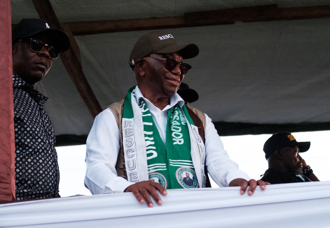 Swearing-in of Liberia's Joseph Boakai scrutinised after attendee death - Joseph Boakai leader of the opposition’s Unity Party (UP) stands in the back of a lorry during his final campaign rally in Monrovia on October 7, 2023. (Photo: Guy Peterson/ AFP)