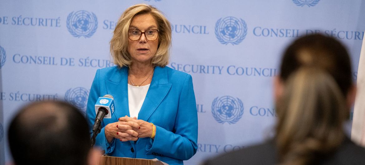 Palestinian aid agency UNRWA can't be replaced - UN - UN Senior Humanitarian and Reconstruction Coordinator for Gaza Sigrid Kaag briefs reporters following consultations with the Security Council. (Photo: UN/Manuel Elías)