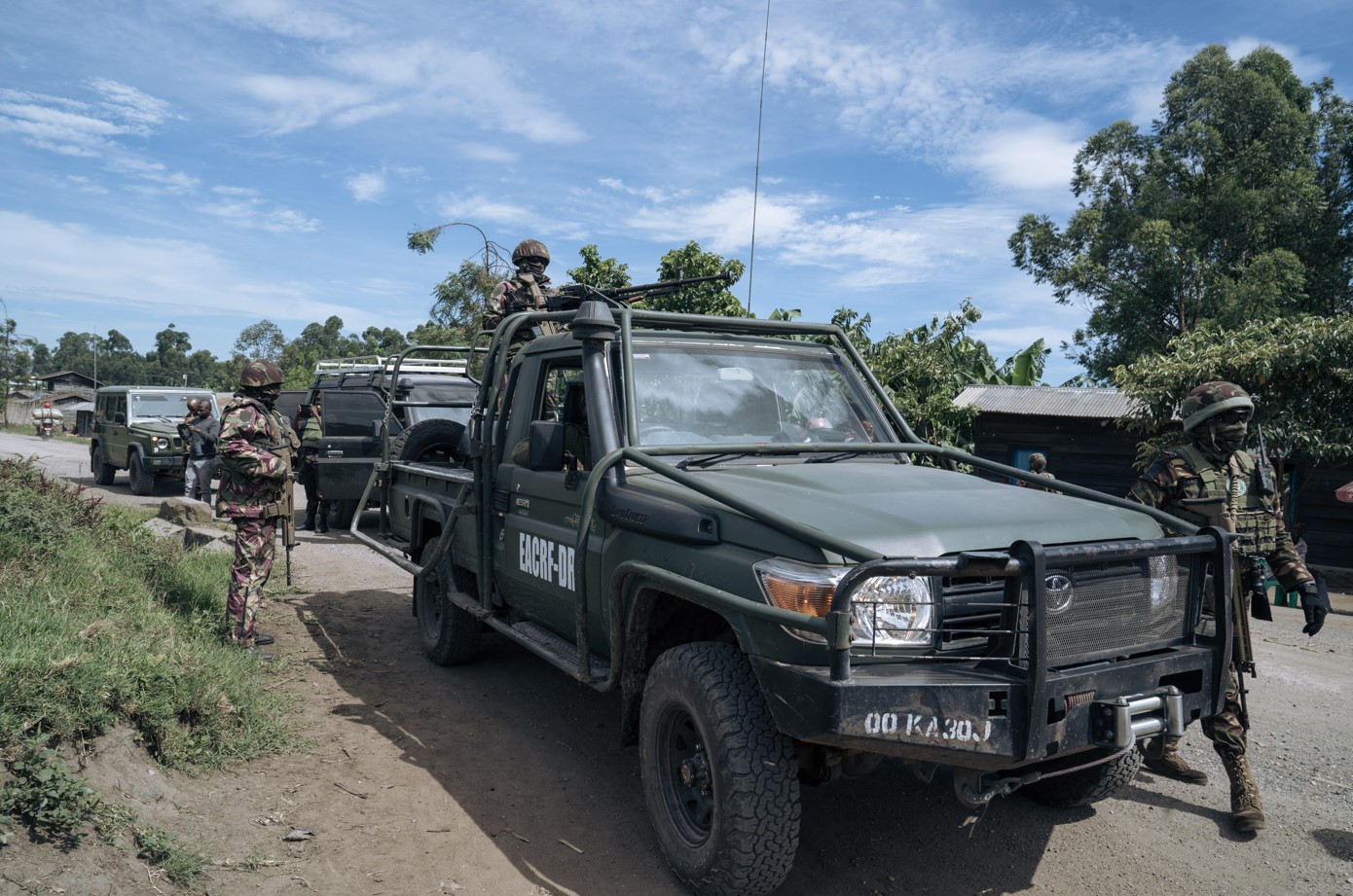 Rwandan forces report killing of Congolese soldier in illegal crossing - Soldiers from the East African Community Regional Force (EACRF) accompany journalists into areas under the control of March 23 Movement (M23) in Bunagana, Democratic Republic of Congo, on April 19, 2023. (Photo: Glody Murhabazi/ AFP)