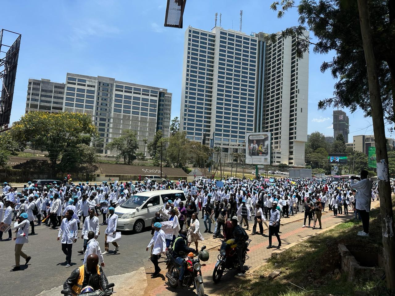 Doctors in Nairobi march in the Central Business District on March 22, 2024, amid their nationwide strike. (Photo: X/Davji Bhimji Atellah)