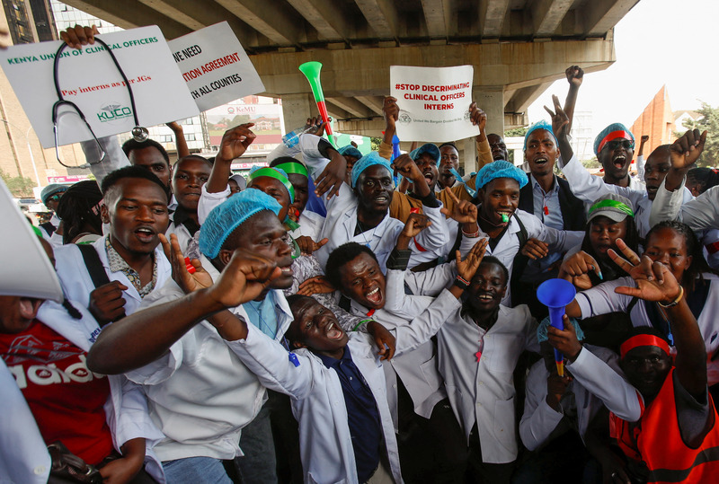 No show for doctors at Labour Day celebrations as strike enters second month - Doctors and medical practitioners under the Kenya Medical Practitioners Pharmacists and Dentists Union (KMPDU) participate in a demonstration in Nairobi on April 16, 2024. (Photo: Monicah Mwangi/Reuters)