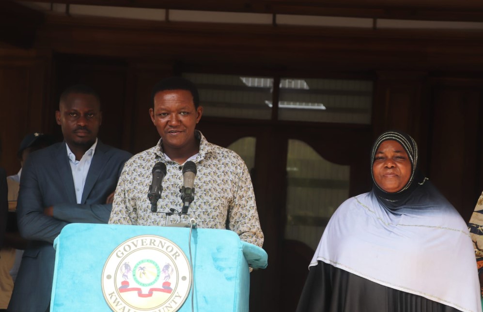 Tourism CS Alfred Mutua and Kwale Governor Fatuma Achani at a press conference in Kwale on Wednesday, April 4, 2024 (Photo: Mishi Gongo)