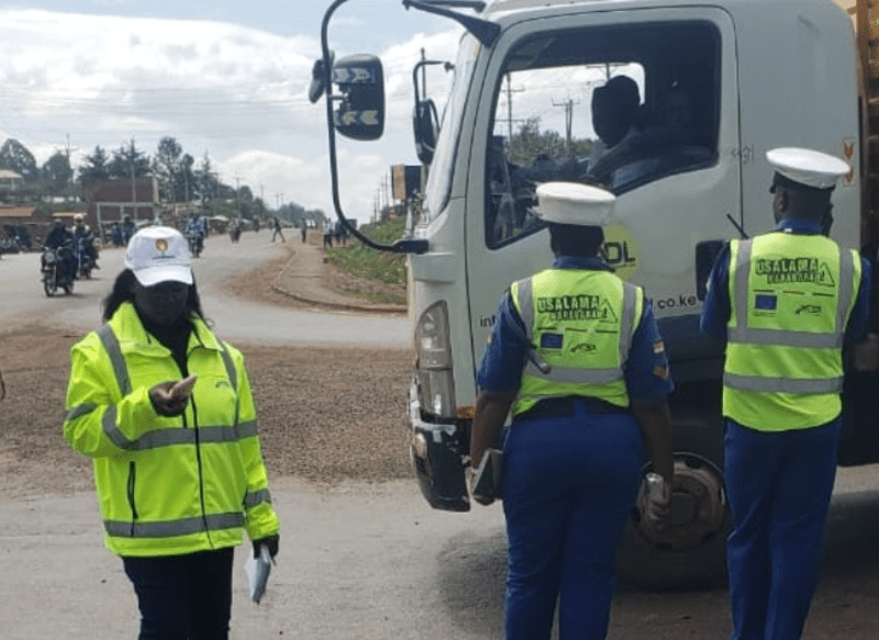 National Transport and Safety Authority (NTSA) officials and police officers conduct compliance checks along the Kitale-Kapenguri road in May 2024. (Photo: X/NTSA)