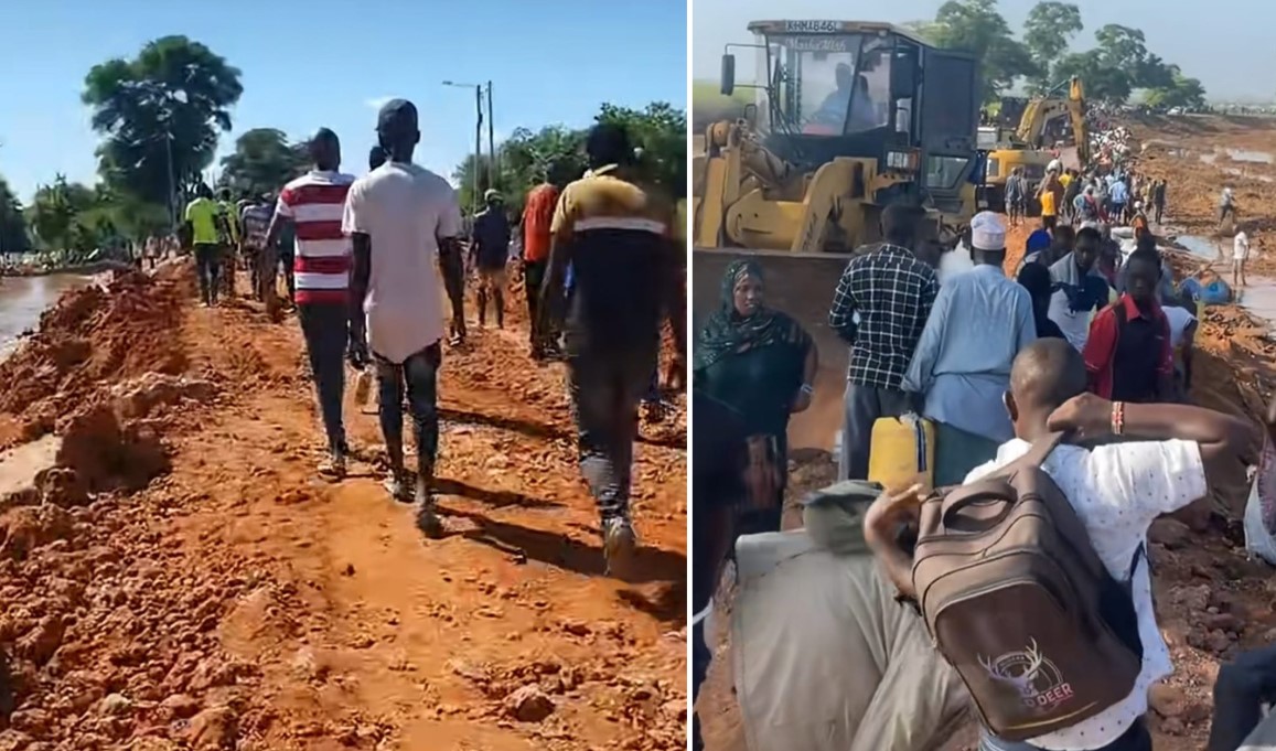 Residents using the Garissa-Naiorbi highway as KeNHa officials reclaim the remaining waterlogged sections of the road in May 2024. (Photo: Handout)