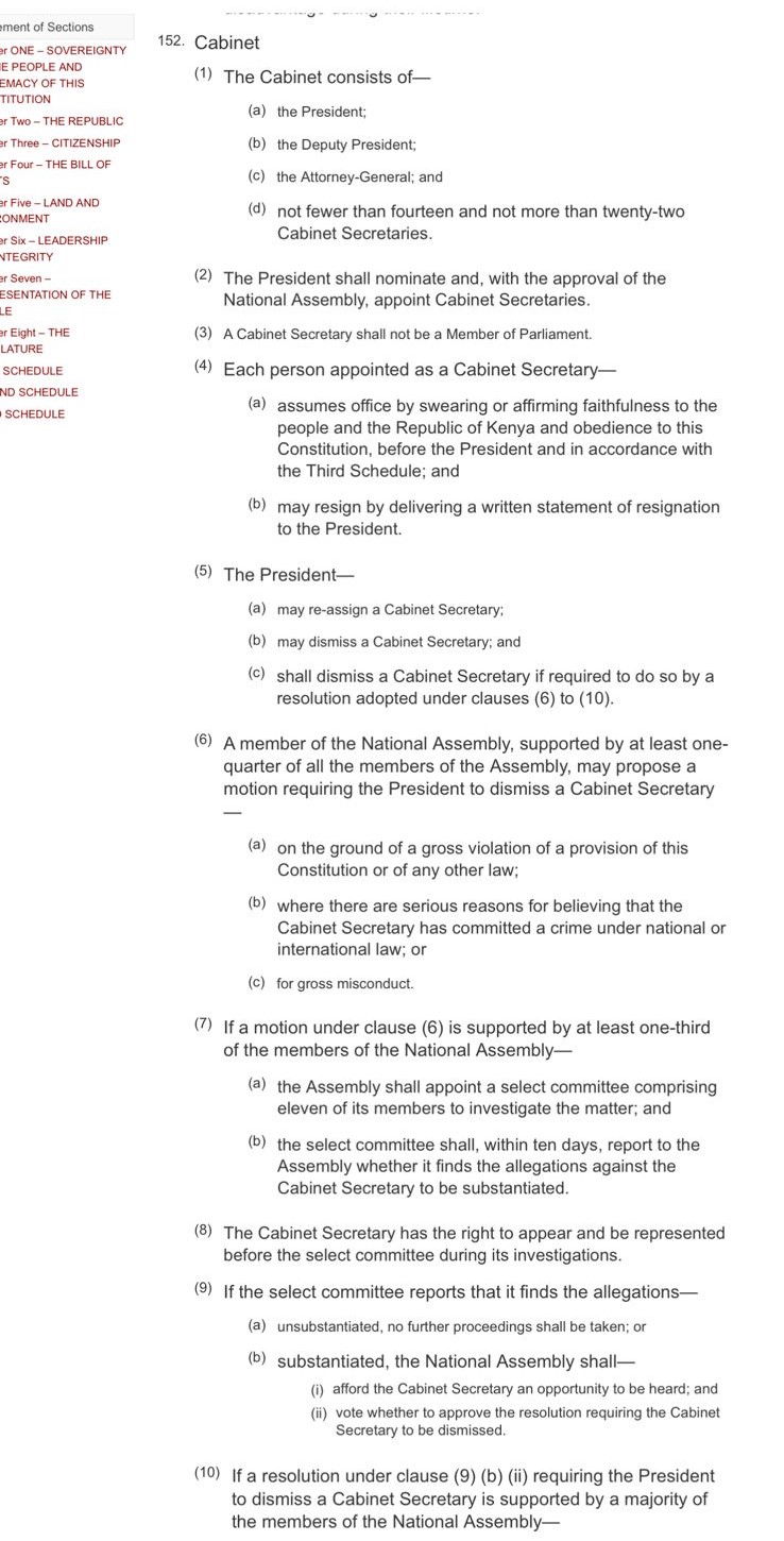 A screenshot of the Constitution's Chapter 9 (152) on appointment and dismissal of a Cabinet Secretary