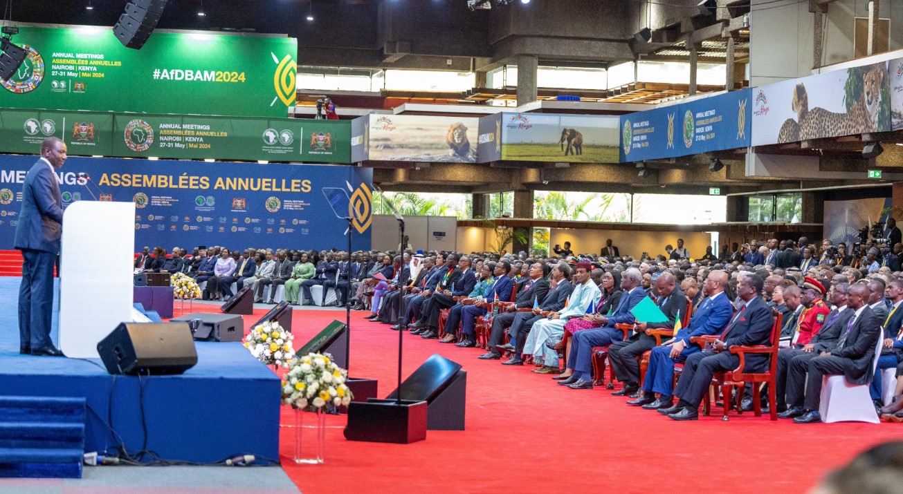 President William Ruto addresses presidents and heads of state at the Kenyatta International Convention Centre, Nairobi, during the African Development Bank Group and Africa Development Fund Annual Meetings on Wednesday, May 29, 2024. (Photo: PCS)
