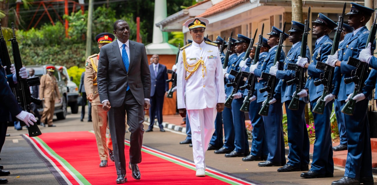 President William Ruto inspects a guard of honour at the National Defence College graduation, in Karen, Nairobi, on Thursday, May 30, 2024. (Photo: PCS)