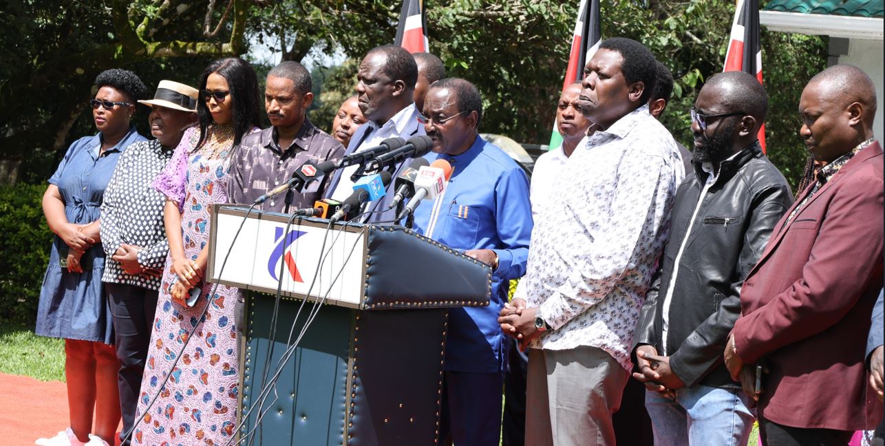 Azimio La Umoja Coalition leaders led by Kalonzo Musyoka and Eugene Wamalwa address the media at the Wiper Centre in Nairobi on Friday, June 21, 2024, over the fatal shooting of Rex Kanyike Masai, an anti-Finance Bill 2024, protester. (Photo: Wiper Party Press)