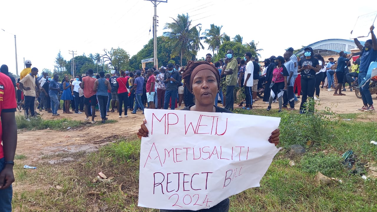 Kwale residents protests against the Finance Bill 2024 at Mvindeni Market in Msambweni sub county, Kwale County. (Photo Mishi Gongo)