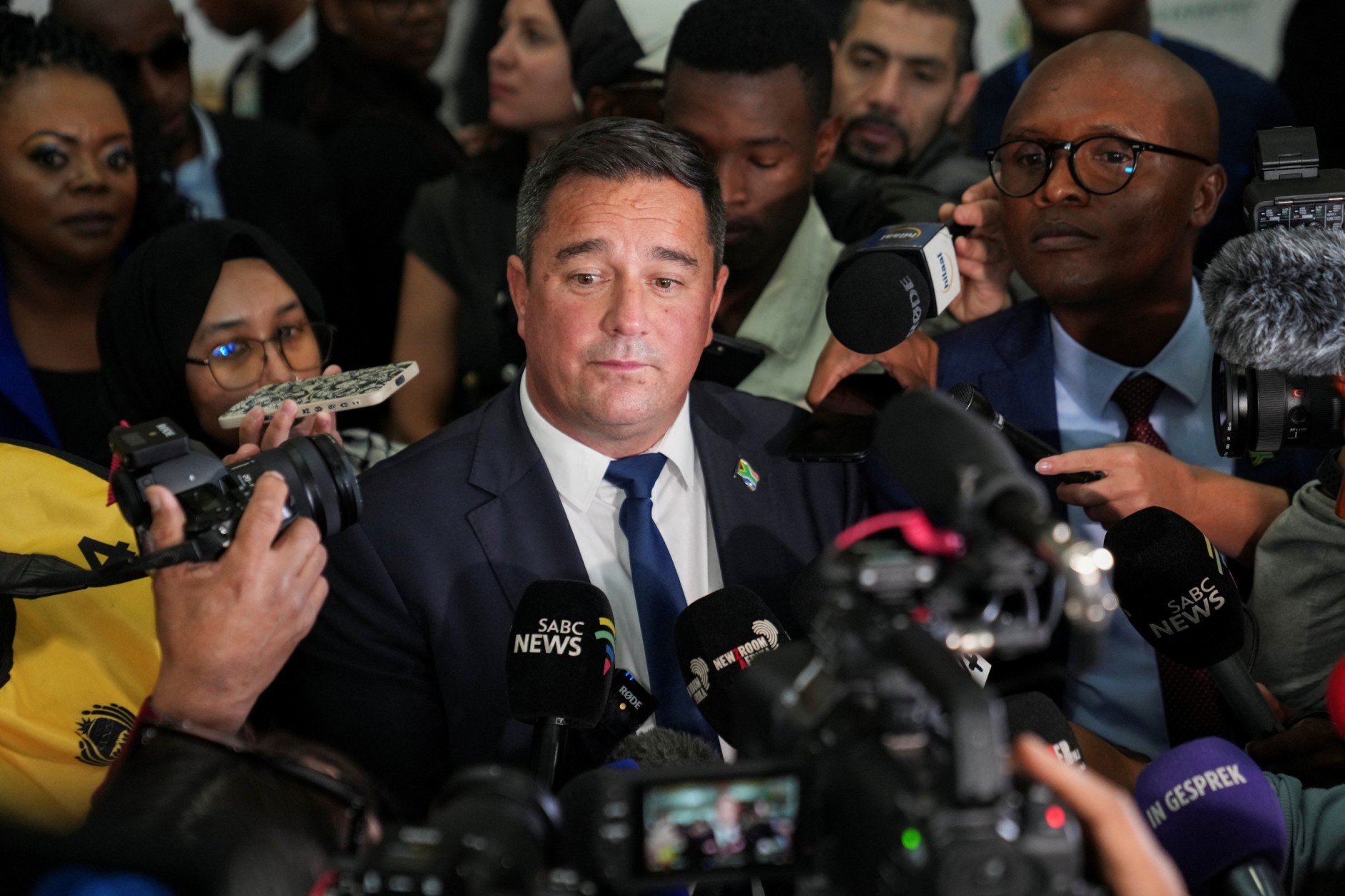 Leader of the Democratic Alliance (DA) John Steenhuisen speaks to media during a break in the first sitting of the National Assembly following elections at the Cape Town International Convention Center (CTICC) in Cape Town, South Africa June 14, 2024. (Photo: REUTERSNic Bothma)