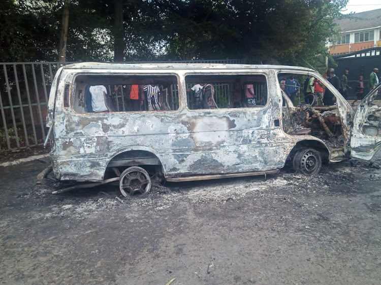 A 14-seater matatu that was burnt after an LPG gas tanker burst into flames at Fedha Estate along Outer Ring Road in Nairobi on Monday, June 3, 2024. (Photo: X)