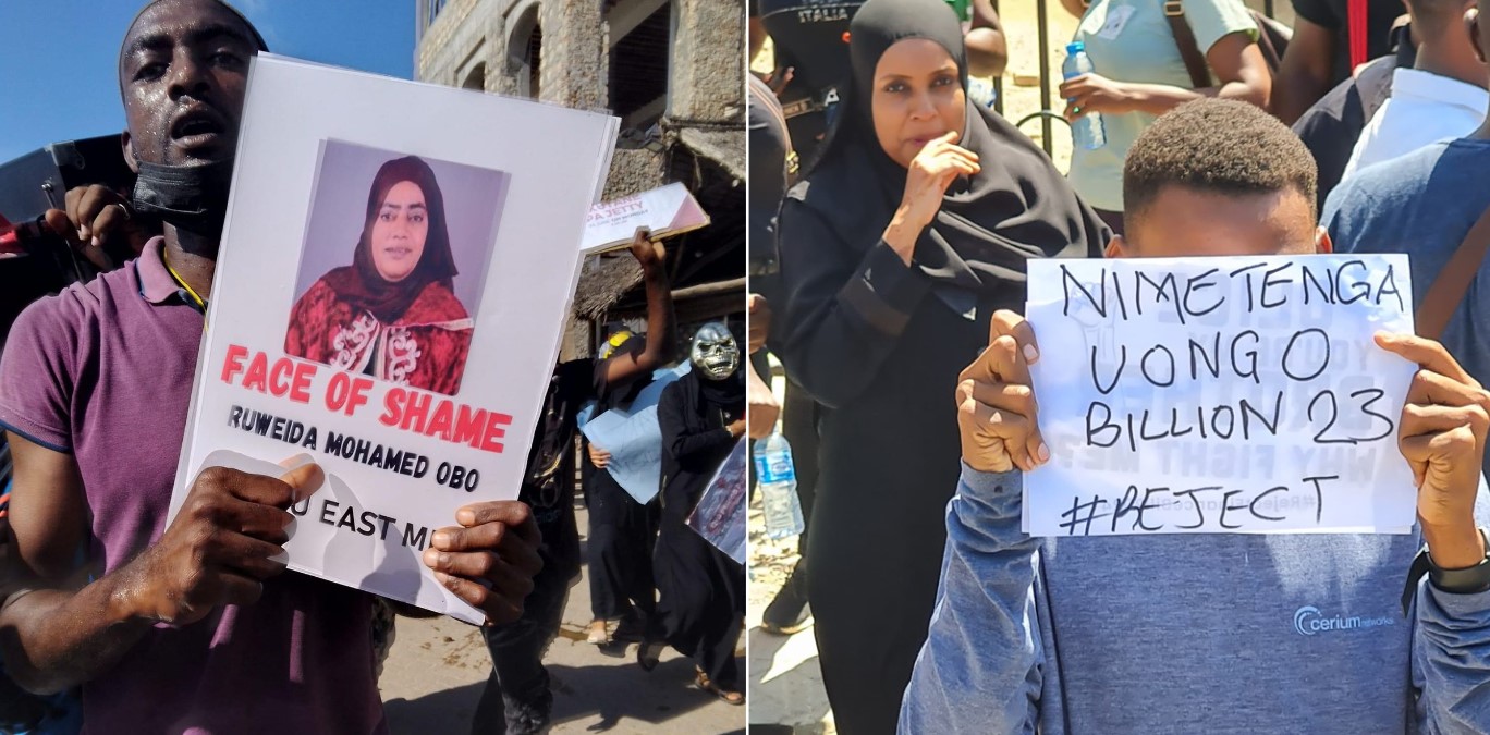 Protesters in Lamu (left) and Mombasa (right) protest against the Finance Bill 2024. (Photos: Farhiya Hussein/EV)