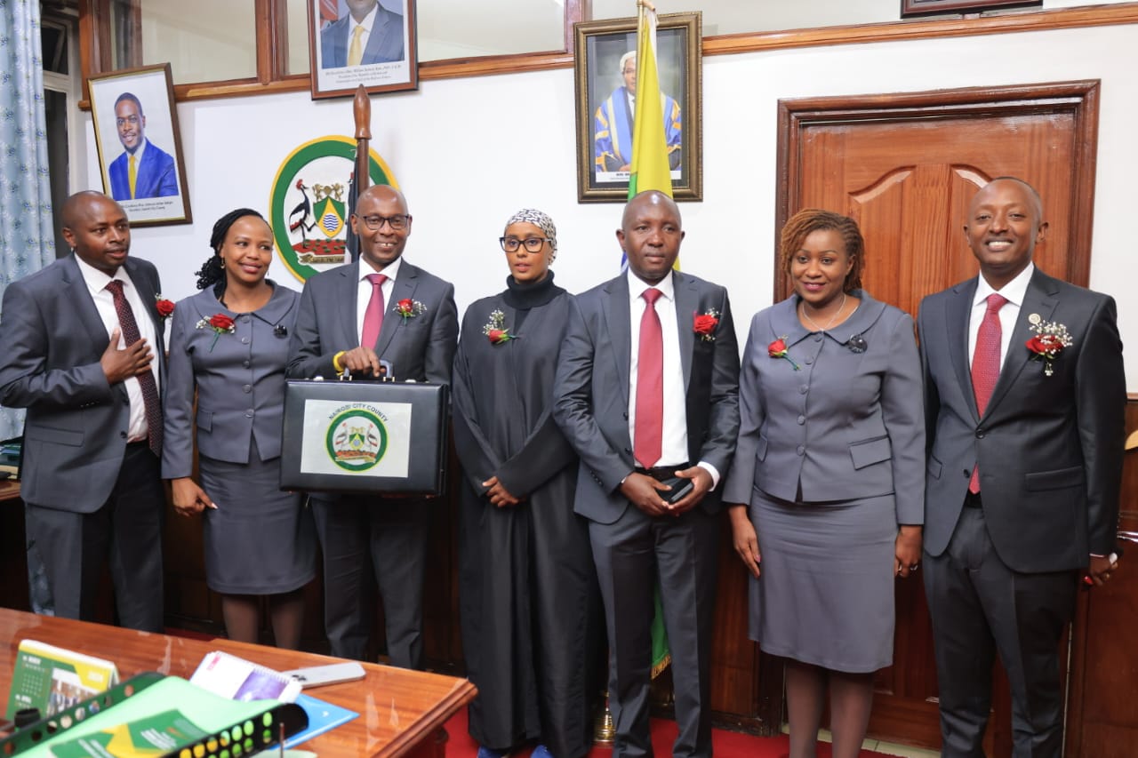 Nairobi County Executive Committee Member for Finance Charles Kerich flanked by members of the Finance department moments before reading the Budget Statement for FY 2024-2025 at the County Assembly chambers on June 26, 2024 .