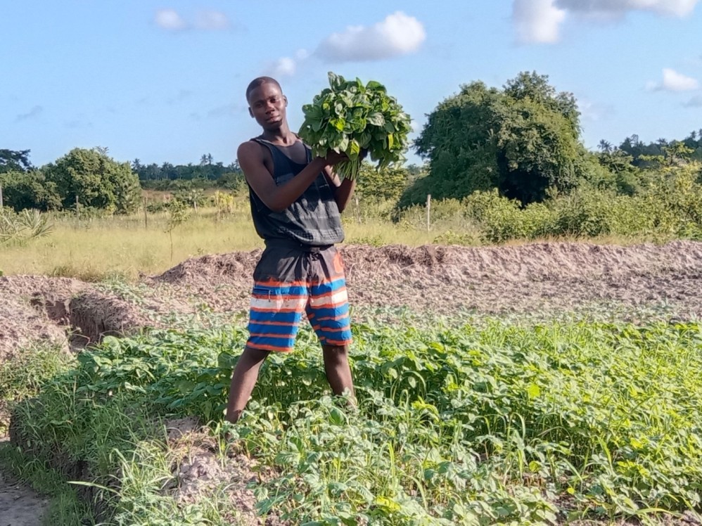 Juma Kassim son to Fatuma a widow in Mariam association. He is helping out in the farm.