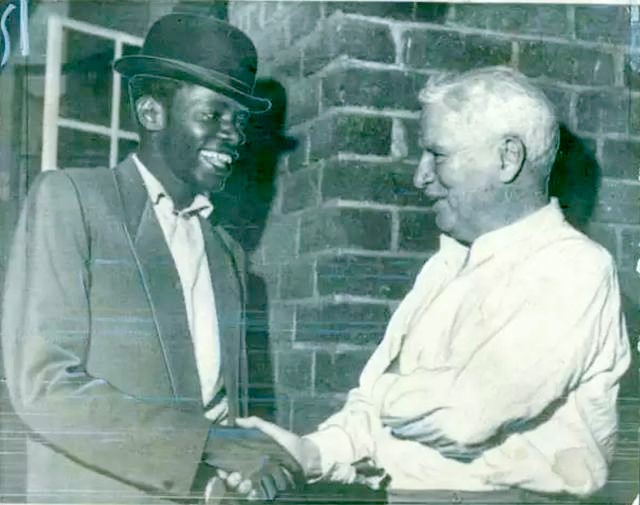 Comedian Kipanga Athumani (left), widely regarded as the father of Kenya's comedy, gets the opportunity to meet his idol and world-famous comic actor Charlie Chaplin in 1958. (Photo: Handout)