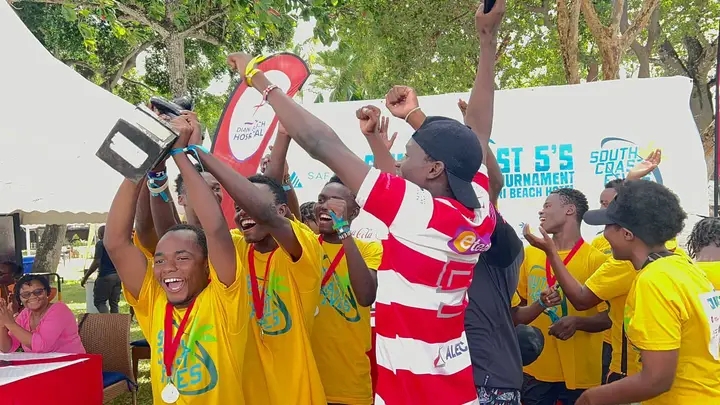 Likoni Rugby Community celebrates after winning the South Coast Fives rugby tournament in Kwale County on Sunday, July 21, 2024. (Photo: Mishi Gongo)