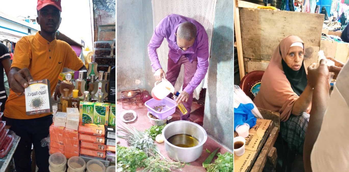 From left: Abdirazack Mahmoud, a trader who sells organic products at Marikiti. John Kariuki sells natural oil that helps people with bald heads and dandruff. Luli Aden at her stall in Marik from where she supplies beauty products across the country. (Photos: Mishi Gongo)