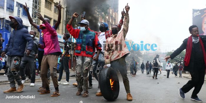 Protesters confront police officers along Tom Mboya Street in Nairobi on Tuesday, July 16, 2024. (Photo: Justine Ondieki/EV)