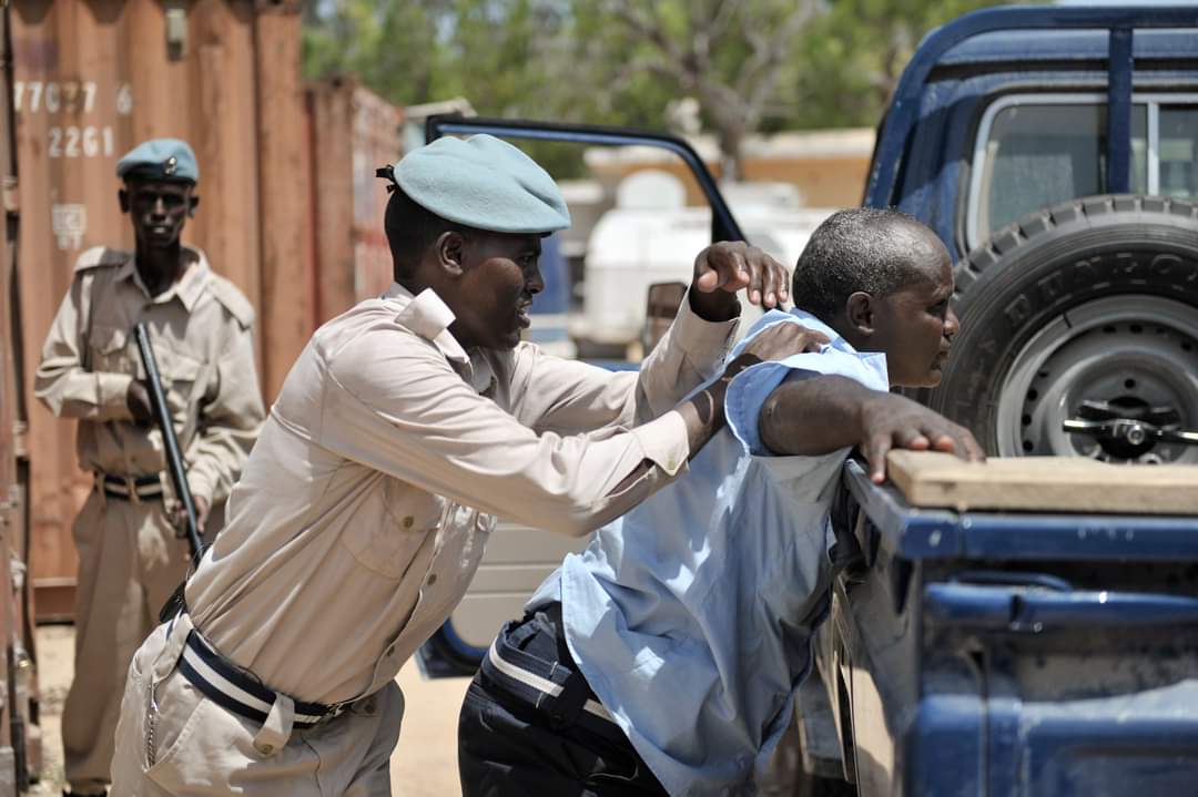 Somali Police Officers participate in 'stop and search' training exercise at the General Kahiye Police Academy in Mogadishu. Photo/ Handout