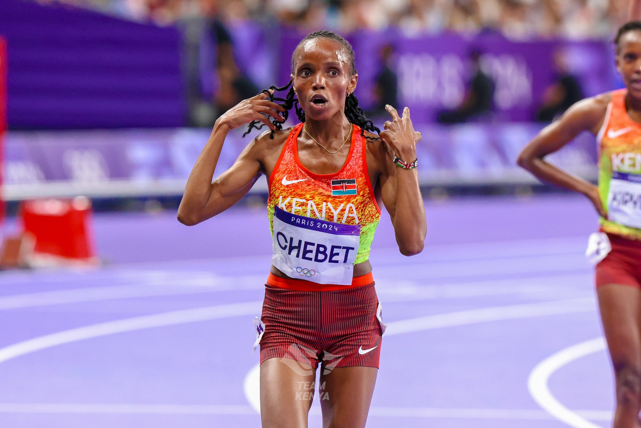 Beatrice Chebet smashes World 5km record in Barcelona - Beatrice Chebet reacts after winning the 5000m women's gold at Paris Olympics (C) Kelly Ayodi for Olympics Kenya