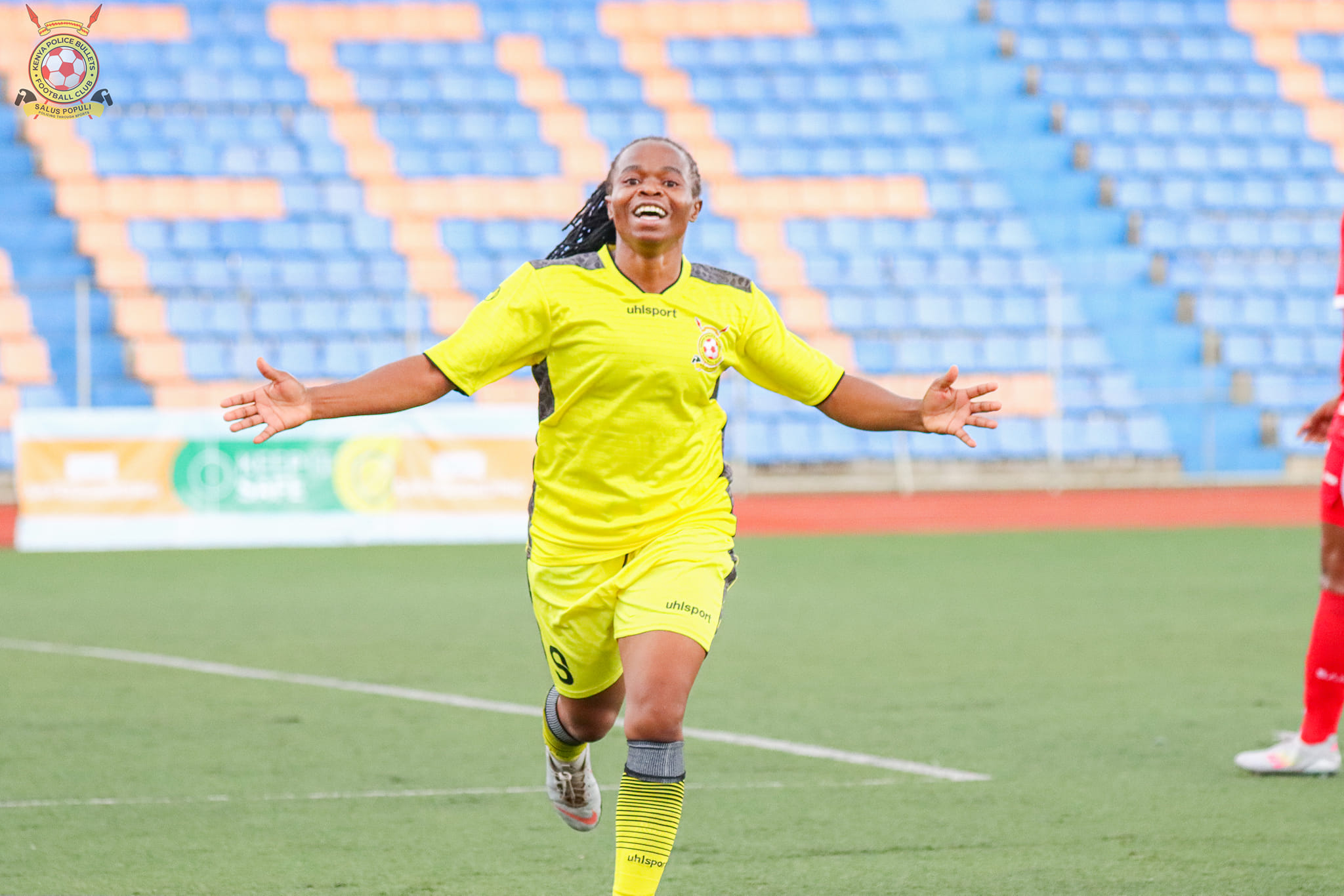 Kenya Police Bullets defeat Simba Queens to inch closer CAF Champions League qualification - Rebecca 'Becky' Okwaro celebrates after scoring against Simba Queens (C) Ish Njenga / Police Bullets