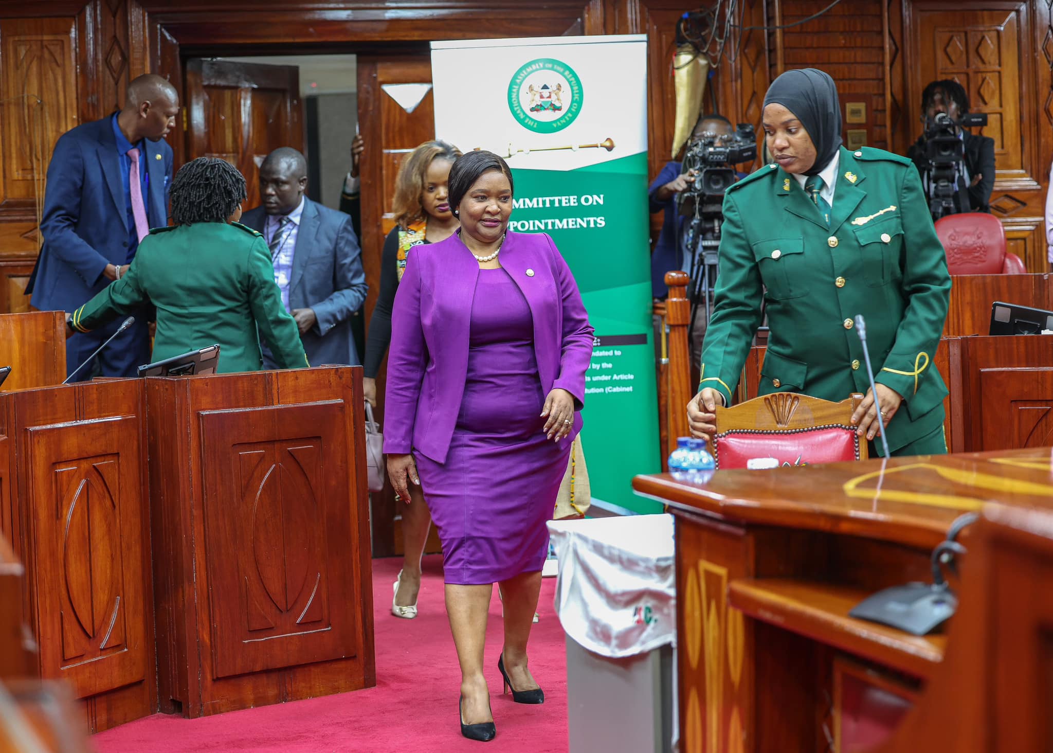 Tourism CS nominee Rebecca Miano arrives in Parliament, where she appeared before the National Assembly’s Committee on Appointments on Saturday, August 3, 2024. (Photo: Parliament)