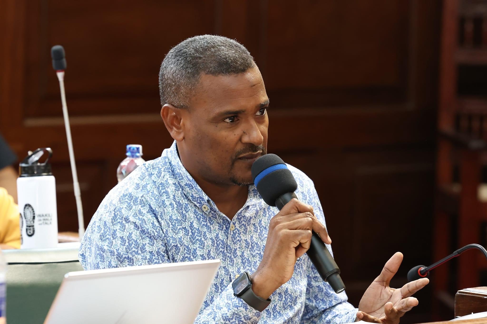 Mombasa CECM for Education Dr Mbwarali Kame, appears before Mombasa County Assembly’s Committee on Education to answer questions on the No Child left Behind Programme on Thursday, August 22, 2024. (Photo: Farhiya Hussein)