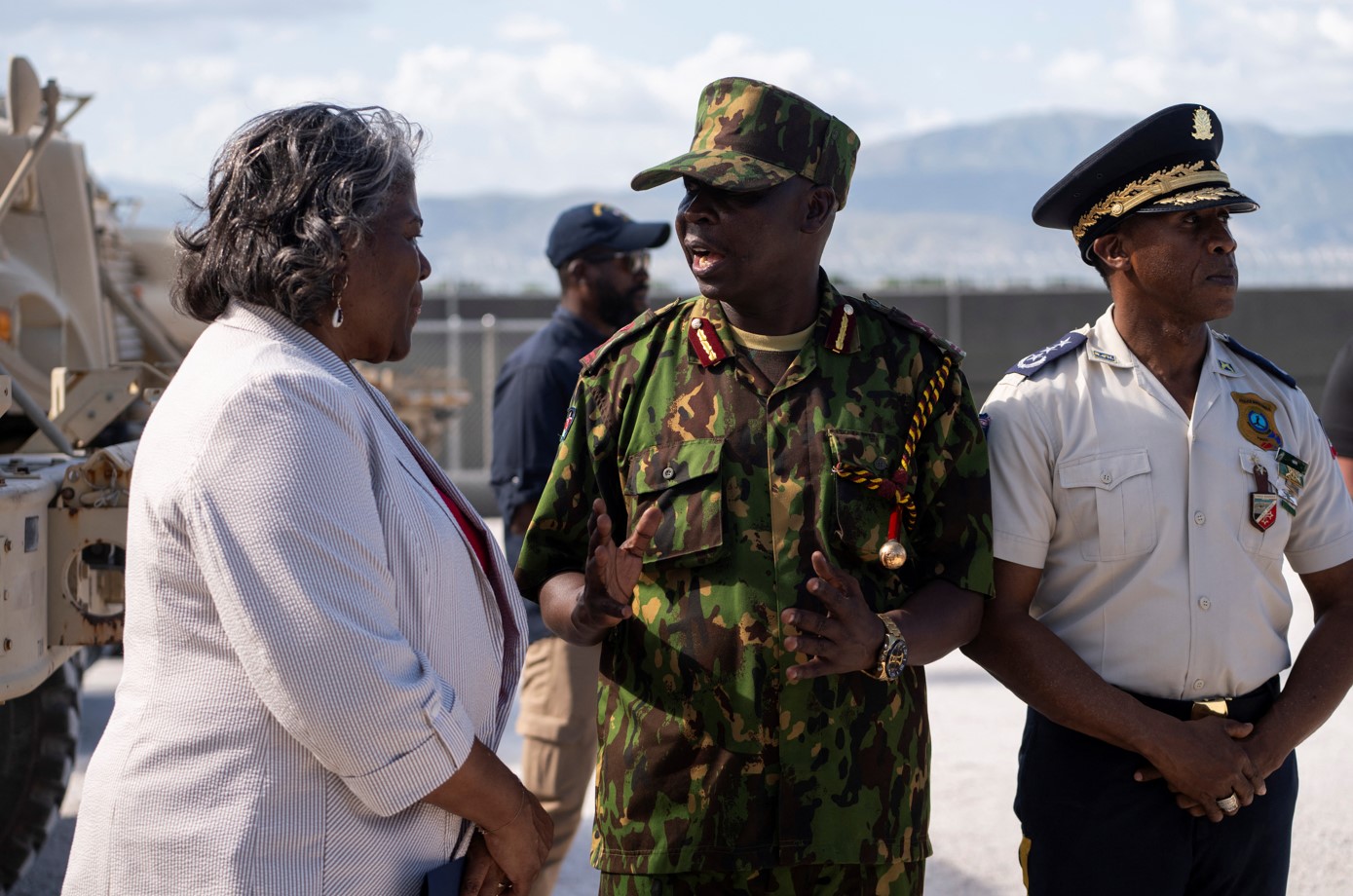 The Kenyan Commander of the Multinational Security Support (MSS) mission in Haiti, Godfrey Otunge, speaks with United States Ambassador to the United Nations Linda Thomas-Greenfield, during a tour of the MSS base near the airport in Port-au-Prince, Haiti, on July 22, 2024. Roberto Schmidt/Pool via REUTERS