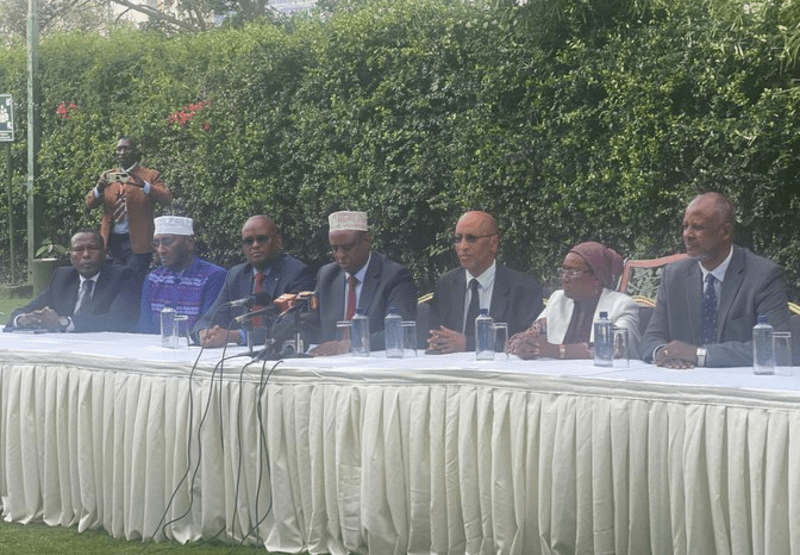 Marsabit leaders decry insecurity at the border with Ethiopia, call for action - Leaders from Marsabit County led by Governor Ali Mohamud Mohamed and Senator Mohamed Chute at a press briefing in Nairobi on Tuesday. The leaders appealed to the government to address the insecurity situation along the border of Kenya and Ethiopia. (Barack Oduor, EV)