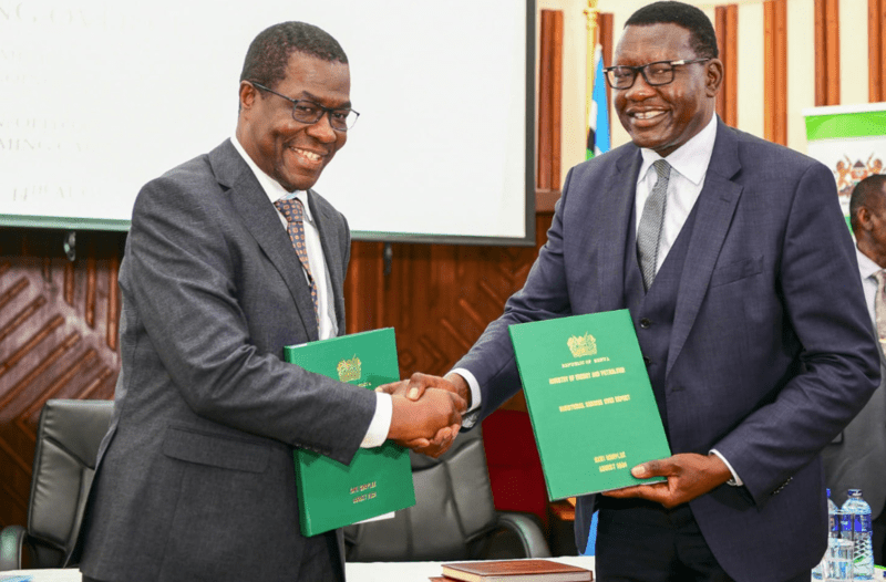 Outgoing Energy CS Davis Chirchir, officially hands over to the newly appointed Cabinet Secretary Opiyo Wandayi in August 2024. (Photo: X/KPLC)