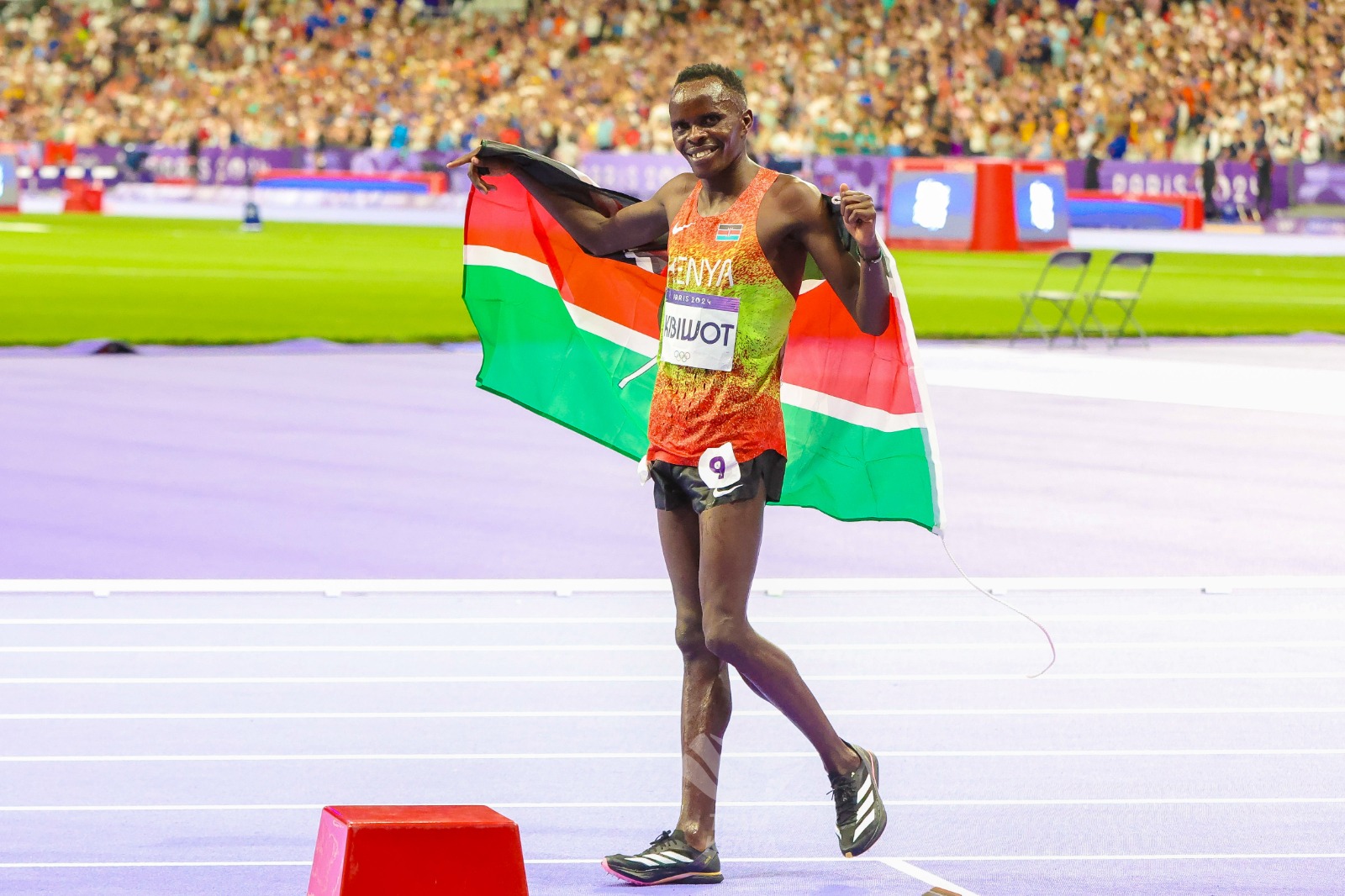 PARIS 2024: Bronze for Kenya in men's steeplechase as Moroccan El Bakkali asserts dominance - Abraham Kibiwot celebrates after winning bronze in the steeplechase (C) Kelly Ayodi / Olympic KE 