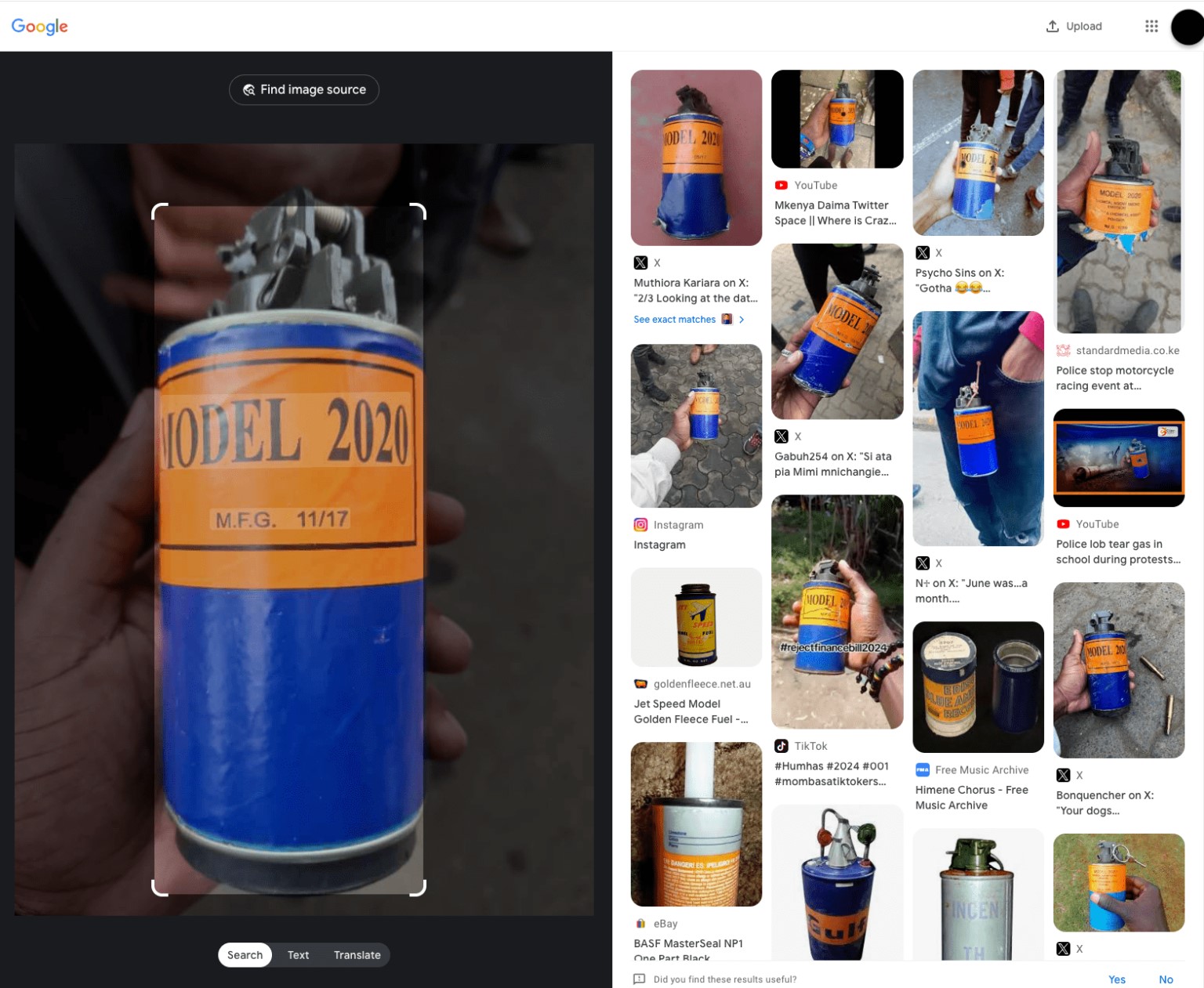 Reverse image search results of the Model 2020 canister showing other images of the same model. (Photo: Africa Uncensored)