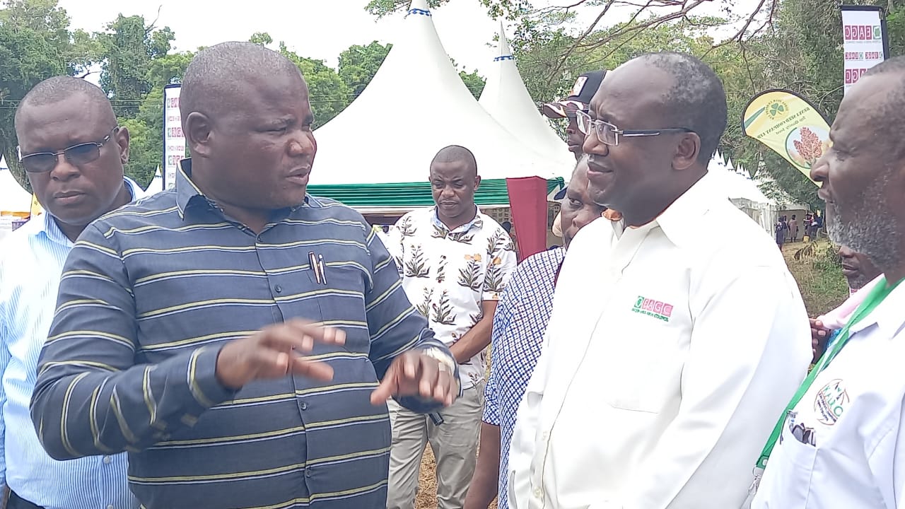 Kwale Deputy Governor Chirema Kombo with Solidaridaa project manager Boniface Mulandi at Matuga Kalro headquarters during an agricultural expo on Monday, August 12, 2024. (Photo: Mishi Gongo)