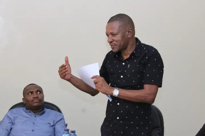 Taita Taveta governor Andrew Mwadime addresses locals during a familiarisation tour of Cabinet Secretary for Mining, Blue Economy, and Maritime Affairs, Hassan Ali Joho on Friday, August 16, 2024. (Photo: Mishi Gongo)