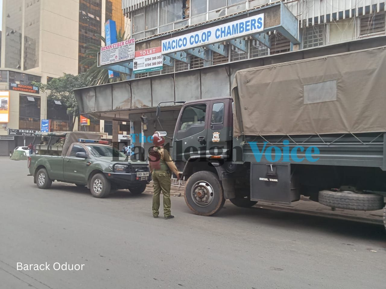 Police vehicles parked at the junction of Moi Avenue and Tom Mboya Street as officers patrol the area ahead of the Nane Nane protests on Thursday, August 8, 2024. (Photo: Barack Oduor)