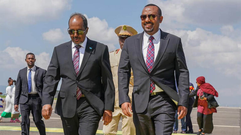 Ethiopian Prime Minister Abiy Ahmed welcomes Somali President Hassan Sheikh Mohamud at Bole International Airport during a previous state visit. (Photo: Handout)