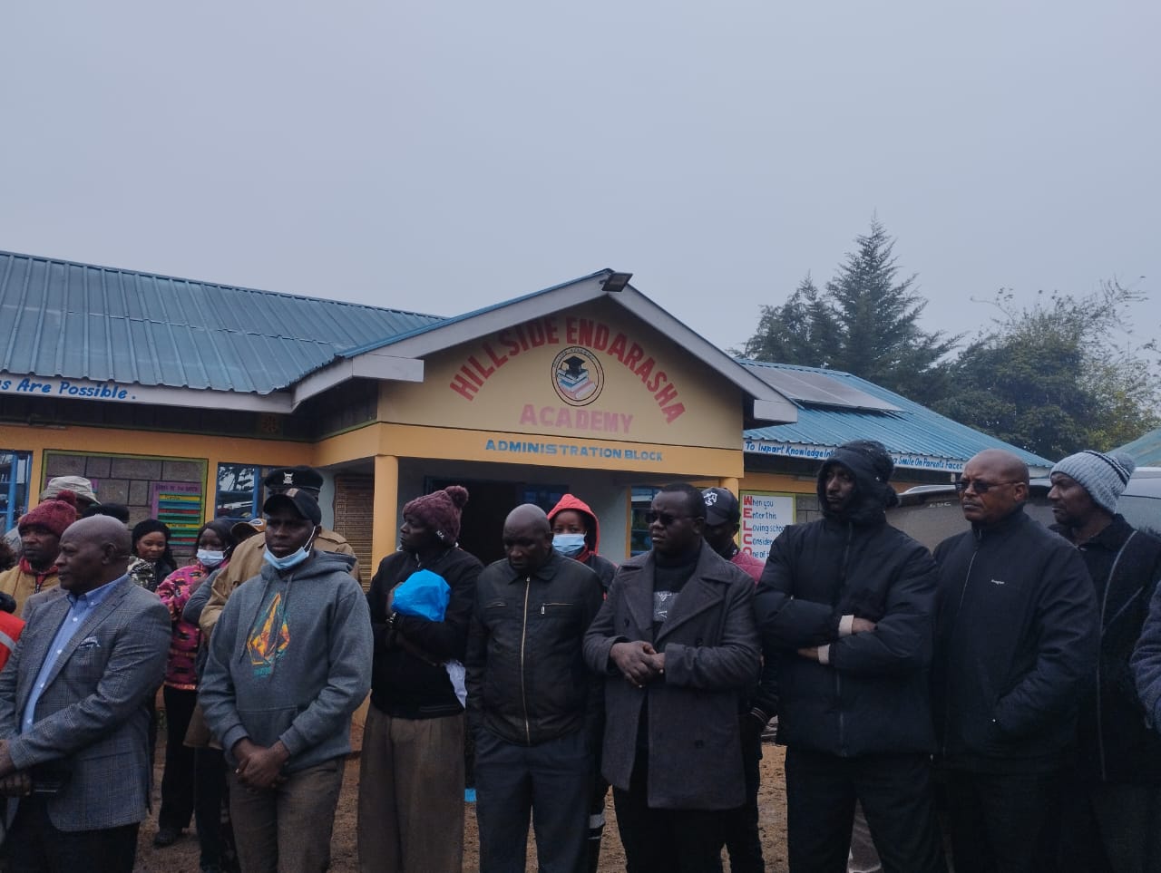 Parents wait in agony and pain to learn the whereabouts of their children after a fire claimed the lives of nearly 17 students at Endarasha Hill Academy in Nyeri on Thursday, September 5, 2024. (Photo: Handout)