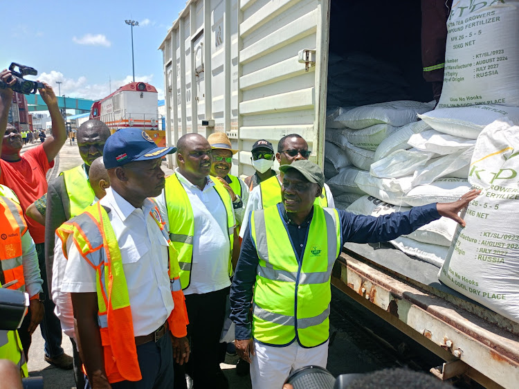 Kenya requires additional Sh20 billion to meet fertiliser demand - Agriculture Principal Secretary Kiprono Ronoh inspecting NPK fertilizer on a wagon at the port of Mombasa on September 18, 2024. (Photo: Handout)