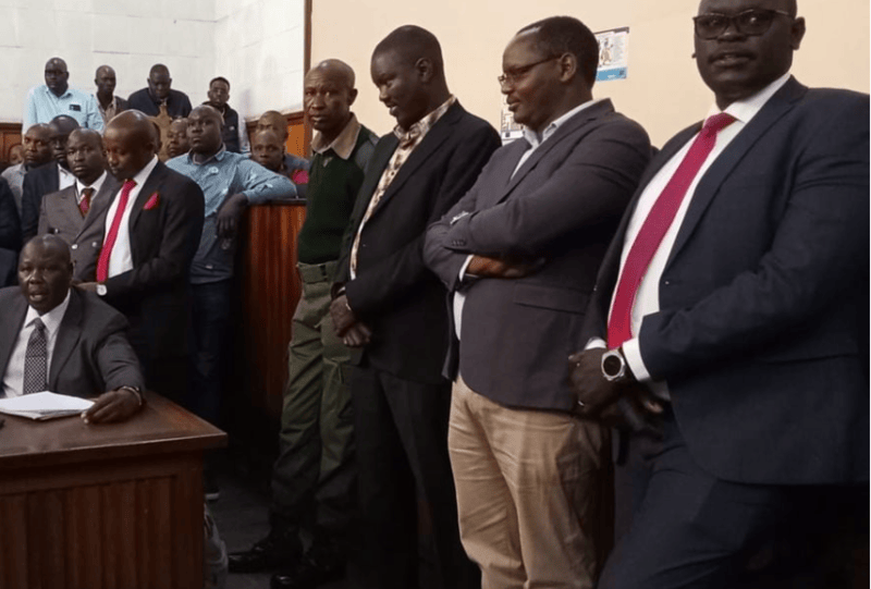 Mandago, seven others face fresh charges in Sh50 million Finland-Canada education scandal - From left: Uasin Gishu Senator Jackson Mandago, Joshua Lelei and Meshack Rono when they appeared before the trial court in Nakuru in September. (Handout)