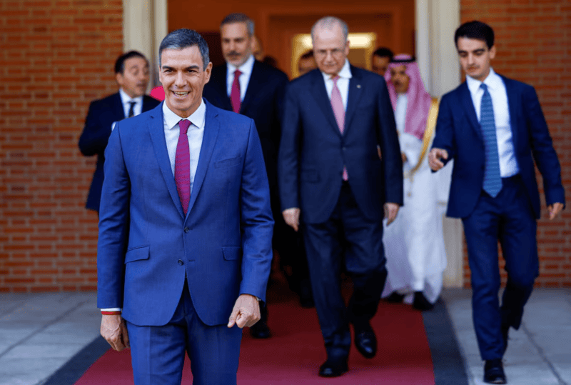 European, Muslim countries meet in Spain eyeing schedule for Palestinian statehood -  Spain's Prime Minister Pedro Sanchez walks, in front of Palestinian Prime Minister Mohammad Mustafa, Saudi Arabia's Foreign Minister Prince Faisal bin Farhan Al-Saud and Spain's Foreign Minister Jose Manuel Albares, on the day of a meeting with at Moncloa Palace in Madrid, Spain, September 13, 2024. (Reuters)