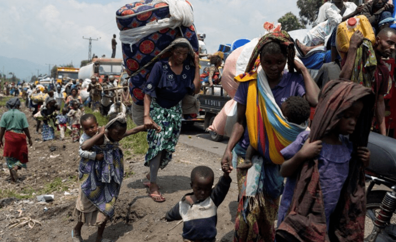 War affects girls and boys differently: what we found in our study of children in the DRC - Congolese people carry their belongings as they flee from their villages around Sake, in Masisi territory, following clashes between M23 rebels and the Armed Forces of the Democratic Republic of Congo, toward Goma, North Kivu province, Democratic Republic of Congo, February 7, 2024. (Reuters)