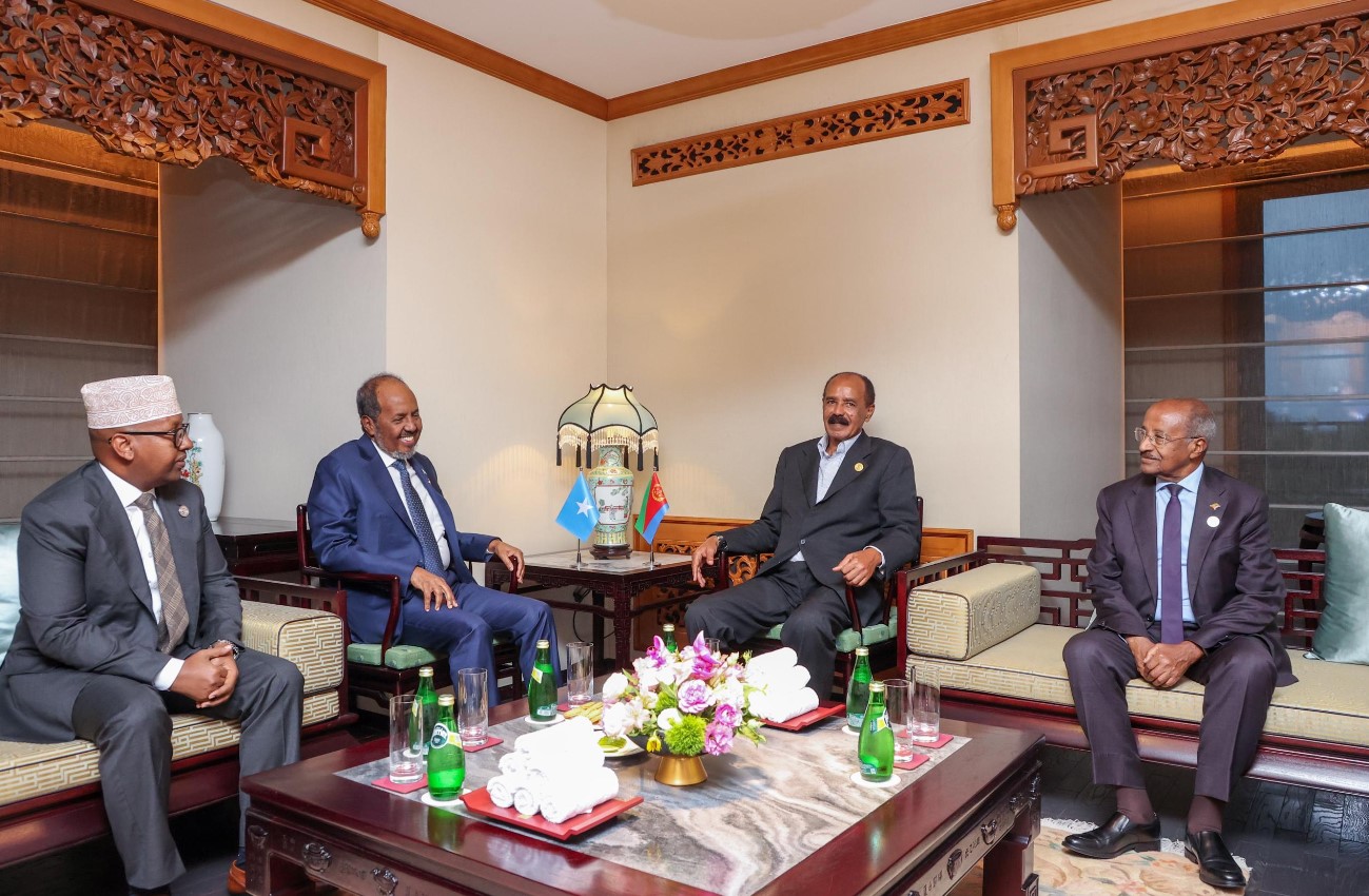 Somalia President Hassan Sheikh Mohamud holds talks with his counterpart President Isaias Afwerki of Eritrea on the sidelines of the Forum on China-Africa Cooperation (FOCAC) Summit in Beijing, China on Wednesday, September 4, 2024. (Photo: Villa Somalia)