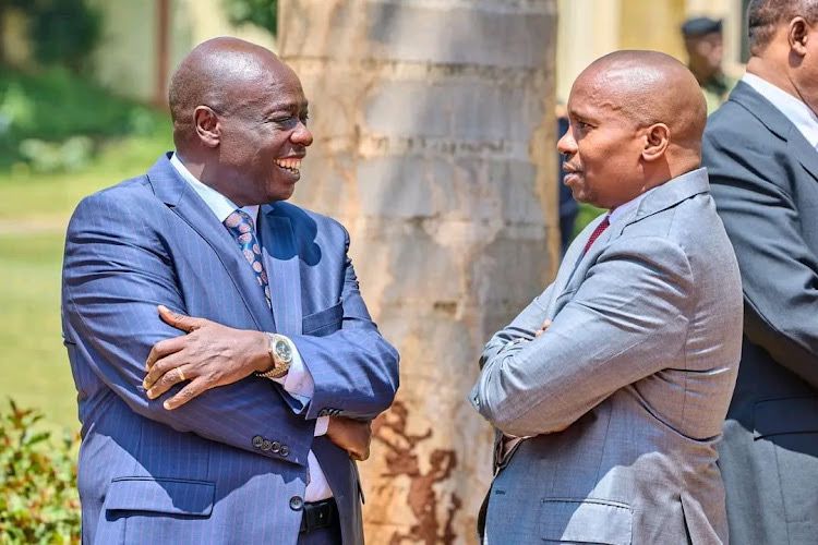 DP Rigathi Gachagua and Interior CS Kithure Kindiki interact at a meeting with village elders, assistant chiefs and the chief at the Kenya School of Government in Lower Kabete on Monday, September 16, 2024. (Photo: Handout)