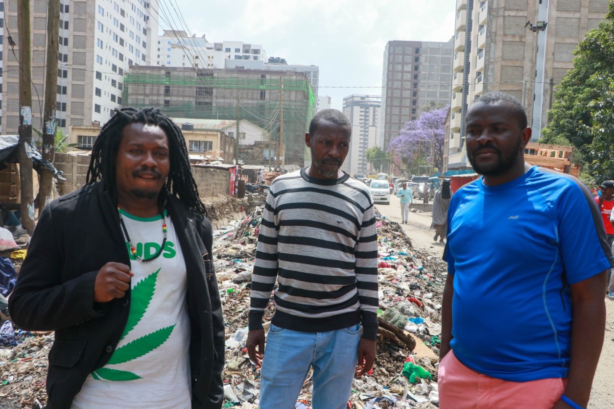 Vincent Musyoka, Joseph Mutanga and Victor Karani, members of the youth group in Eastleigh North Ward at the dumping site along Captain Mungai Street in Eastleigh Nairobi on September 30, 2024. (Photo: Justine Ondieki)