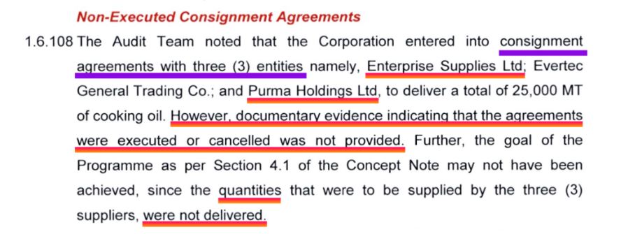 A special audit report found that Purma Holdings Limited and Enterprise Supplies Limited, both owned by Wambui, did not deliver the quantities of cooking oil as contracted. Source: Auditor General’s Special Audit Report on Edibles Oils at Kenya National Trading Corporation Ltd. (Photo: Africa Uncensored)