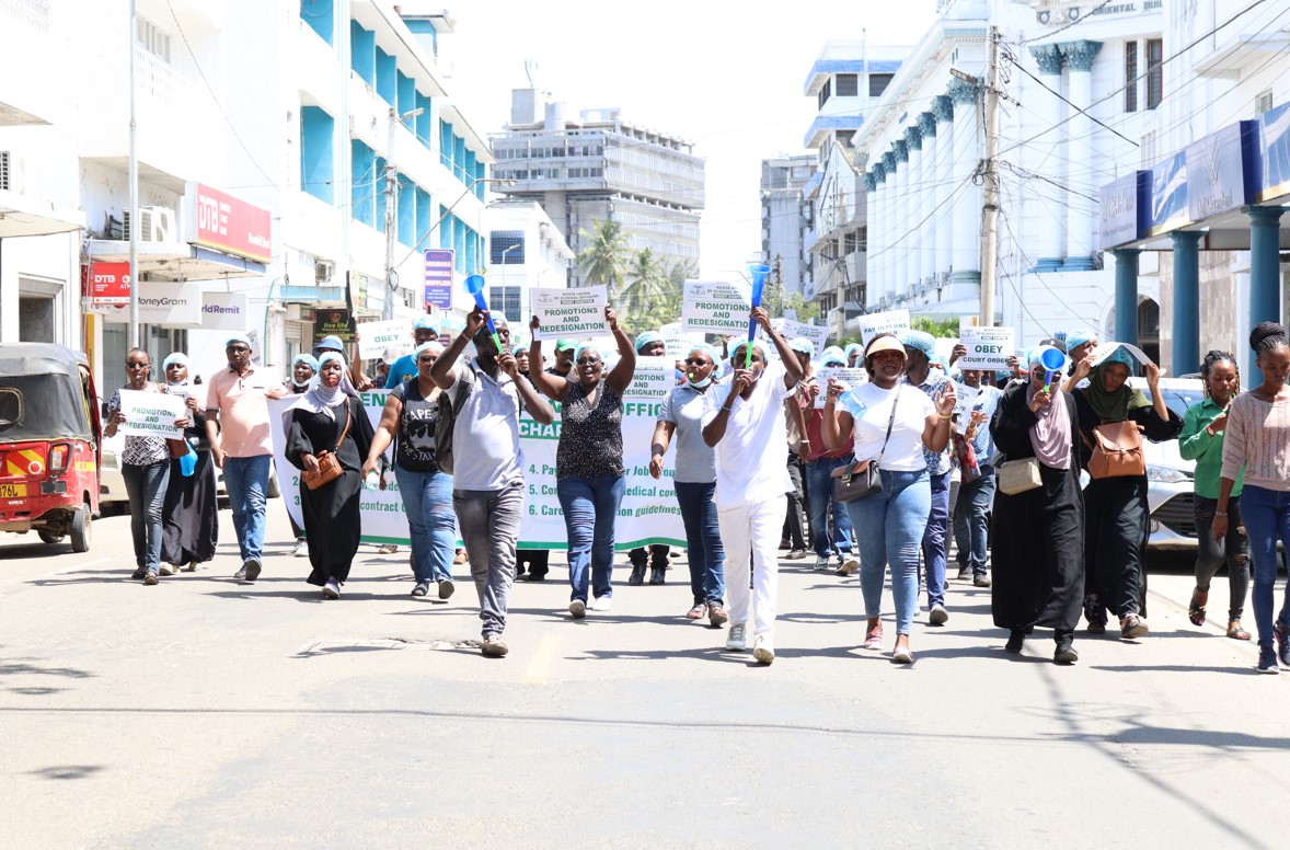 Clinical officers threaten strike over exclusion of their facilities from SHA - Clinical officers march during a protest in Mombasa on May 29, 2024. (Photo: Farhiya Hussein)