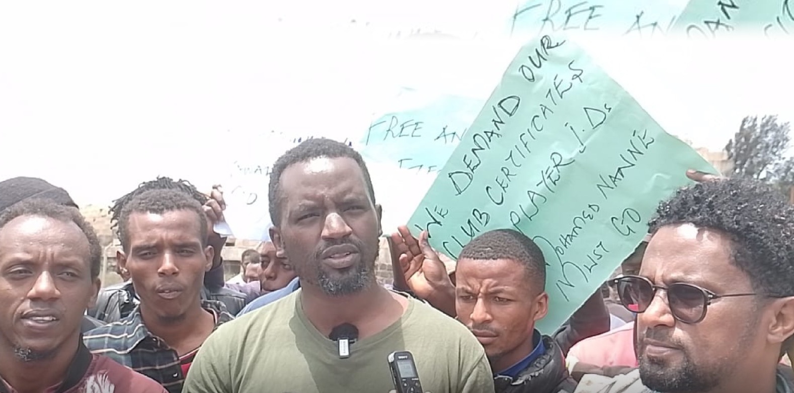 Marsabit football stakeholders petition FKF Electoral Board, stage protests against electoral irregularities - Some of the protesters in Marsabit Town address the media (C) KBC